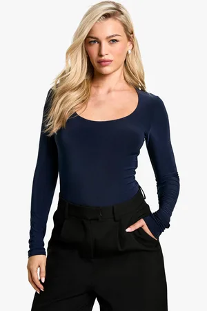Boohoo Womens double layer slinky scoop neck long sleeve bodysuit - - 16