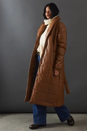 warehouse Womens Faux Leather Wrap Belted Padded Coat - - 6