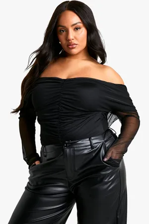Boohoo Womens Plus Ruched Front Bardot Long Sleeve Top - - 18