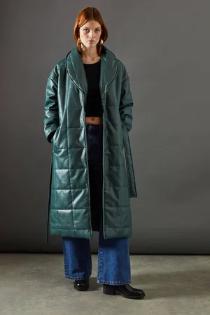warehouse Womens Faux Leather Wrap Belted Padded Coat - - 10