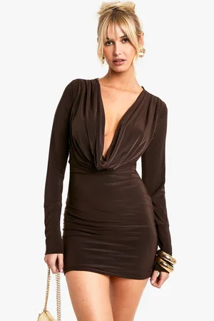 Boohoo Womens Square Neck Long Sleeve Slinky Bodycon Dress - - 8