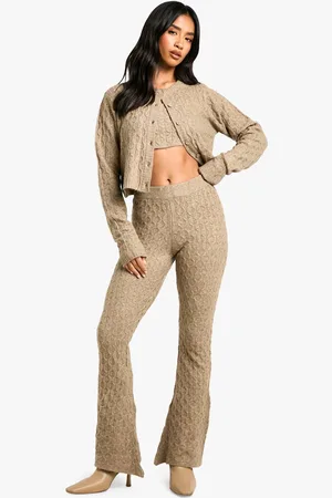 Boohoo Womens Petite Soft Cable Knitted Cardigan, Crop Top And Flare Leg Trouser 3 Piece Set - - L