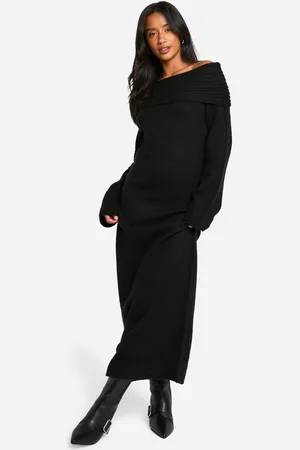 Boohoo Womens Petite Premium Oversized Rib Bardot Neckline Soft Knit Jumper Dress - - L