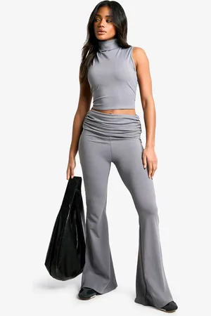 Boohoo Womens Sculpting Matte Slinky Fold Over Waist Flare Trouser - - 14