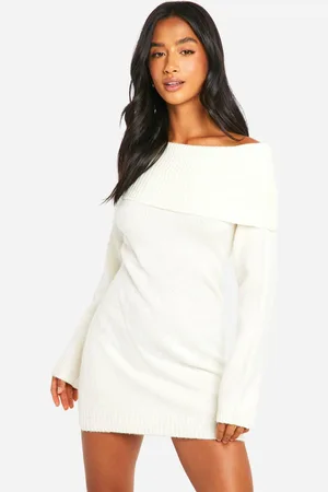 Boohoo Womens Petite Rib Bardot Neckline Mini Jumper Dress - - L