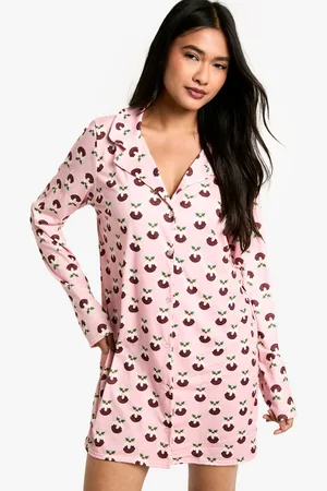 Boohoo Womens Christmas Pudding Print Long Sleeve Sleep Shirt - - 10