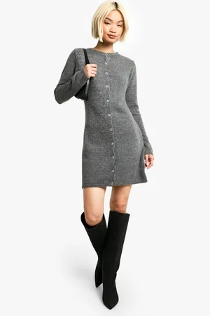 Boohoo Womens Boucle Knitted Button Down Mini Dress - - 14