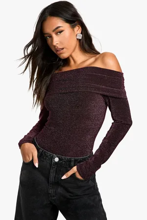 Boohoo Womens Glitter Fold Over Bardot Bodysuit - - 8