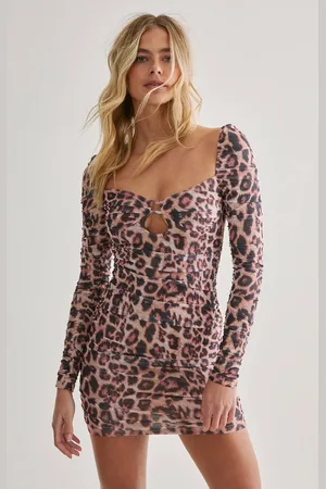 NASTY GAL Womens Ruched Keyhole Cut Out Leopard Print Mini Dress - - S