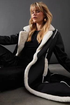 warehouse Womens Contrast Faux Leather Edge To Edge Aviator Jacket - - 12