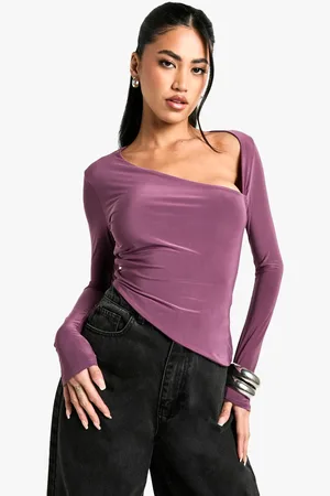 Boohoo Womens Slinky Asym Neck and Hem Long Sleeve Top - - 8