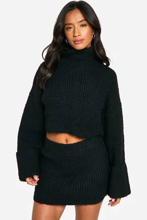Boohoo Womens Petite High Neck Oversized Crop Knitted Jumper And Micro Mini Skirt Set - - S