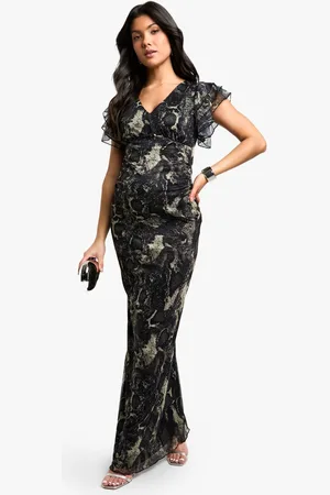 Boohoo Womens Maternity Mesh Snake Print Ruffle Sleeve Plunge Maxi Dress - - 10