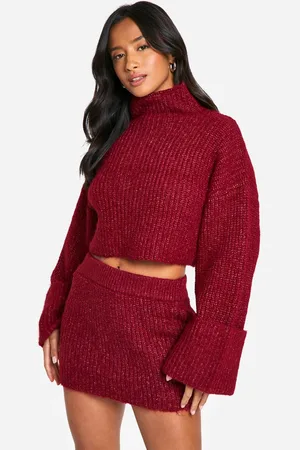 Boohoo Womens Petite High Neck Oversized Crop Knitted Jumper And Micro Mini Skirt Set - - L