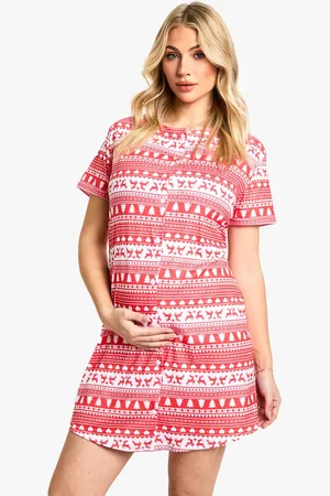 Boohoo Womens Maternity Christmas Fairaisle Print 2 Pack Peached Button Down Nightie - - 18