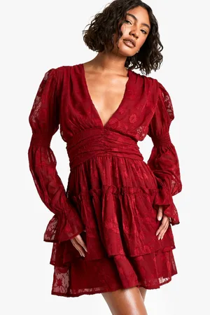 Boohoo Womens Tall Paisley Burnout Puff Sleeve Ruched Skater Dress - - 12
