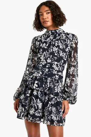 Boohoo Womens Tall Mono Floral High Neck Skater Dress - - 14