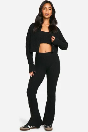 Boohoo Womens Petite Soft Cable Knitted Cardigan, Crop Top And Flare Leg Trouser 3 Piece Set - - L