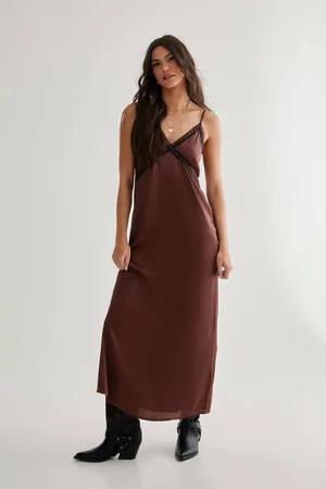 NASTY GAL Womens Satin Ribbon Lace Trim Maxi Slip Dress - - 10