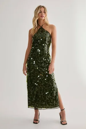 NASTY GAL Womens Disc Sequin Glitter Thread Contrast Halter Neck Strappy Midaxi Dress - - 8