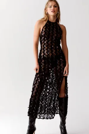 NASTY GAL Womens Sheer Zigzag Sequin Open Back Maxi Dress - - 14