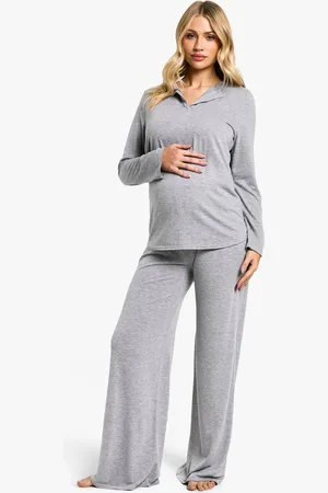 Boohoo Womens Maternity Long Sleeve Button Top & Wide Leg Trouser PJ Set - - 10