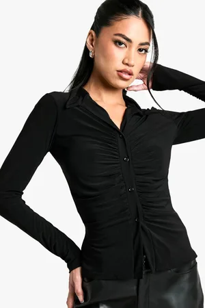 Boohoo Womens Slinky Ruched Front Long Sleeve Shirt - - 14