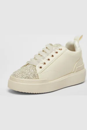Quiz Womens Off White Faux Leather Glitter Trainers - - 3