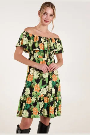 Blue Vanilla Womens Tropical Shirred Waist Bardot Mini Dress - - M/L