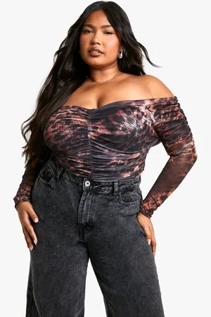 Boohoo Womens Plus Ruched Front Bardot Long Sleeve Top - - 20