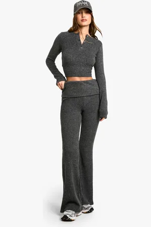 Boohoo Womens Brushed chunky rib foldover waist flare trouser - - 14
