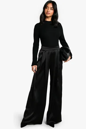 Boohoo Womens Petite Crossover Waistband Satin Wide Leg Trousers - - 12
