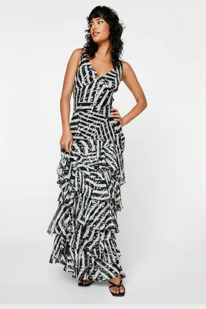 NASTY GAL Womens Petite Strappy Ruffle Abstract Metallic Maxi Dress - - 6