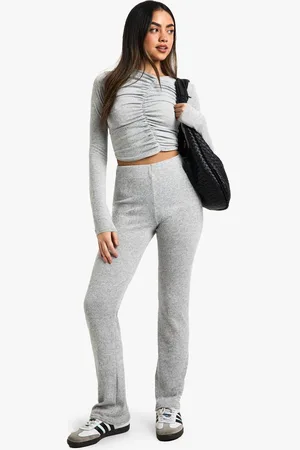 Boohoo Womens Melange Rib Ruched Top and Flare Trouser Set - - 14