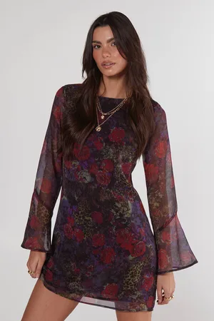 NASTY GAL Womens Floral Animal Chiffon Fluted Sleeve Tunic Dress - - 4