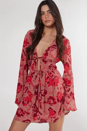 NASTY GAL Womens Floral Ruched Tie Front Fluted Sleeve Tunic Dress - - 6