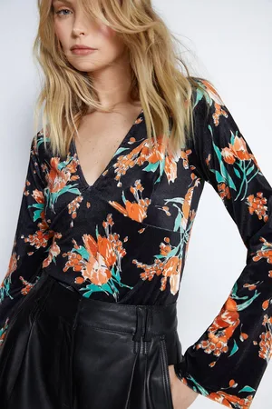warehouse Womens Floral Print Velvet Cut Out Corset Style Top - XL