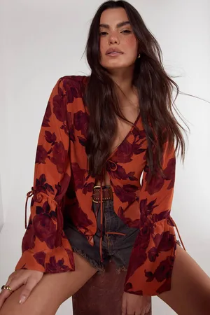 NASTY GAL Womens Vintage Floral Tie Detail Fluted Sleeve Top - - 10
