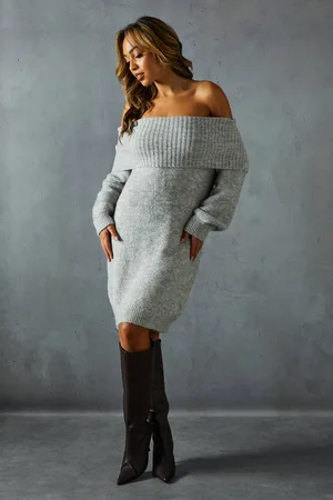 MissPap Womens Premium Knit Bardot Foldover Jumper Dress - - M