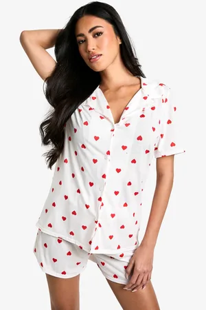 Boohoo Womens Heart Print Short Sleeve Shirt & Shorts Pyjama Set - - 12