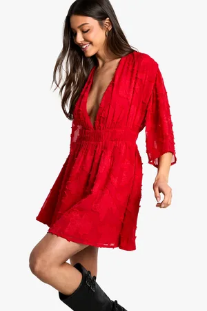 Boohoo Womens Burnout Floral Plunge Skater Dress - - 12