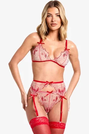 Boohoo Womens Floral Lace Bralet, Thong And Suspender Set - - XL