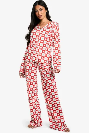 Boohoo Womens Heart Print Long Sleeve Shirt & Trouser Pyjama Set - - 8