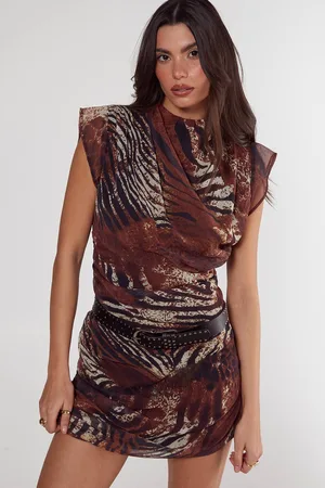 NASTY GAL Womens Mixed Animal Crinkle Chiffon High Neck Ruched Mini Dress - - 12