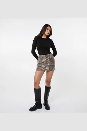 Pink Vanilla Womens Leopard Print Denim Mini Skirt - - 6