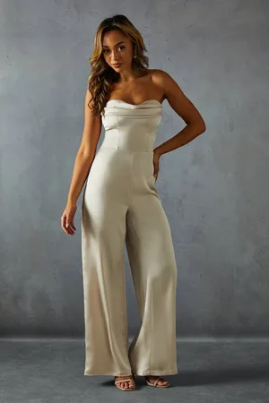 MissPap Womens Satin Sweetheart Drape Wide Leg Jumpsuit - - 14