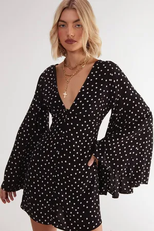 NASTY GAL Womens Polka Dot Button Down Extreme Flared Sleeve Mini Dress - - 4