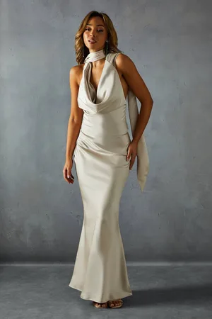 MissPap Womens Satin Cowl Wrap Neck Maxi Dress - - 8