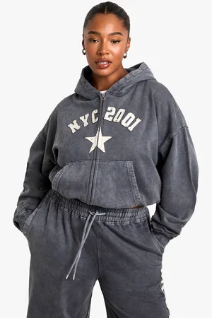 Boohoo Womens Plus NYC Applique Washed Zip Through Hoodie - - 20