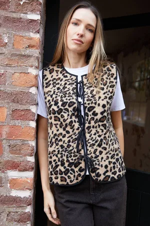Threadbare Womens Leopard Print Tie Front Borg Gilet - - 14